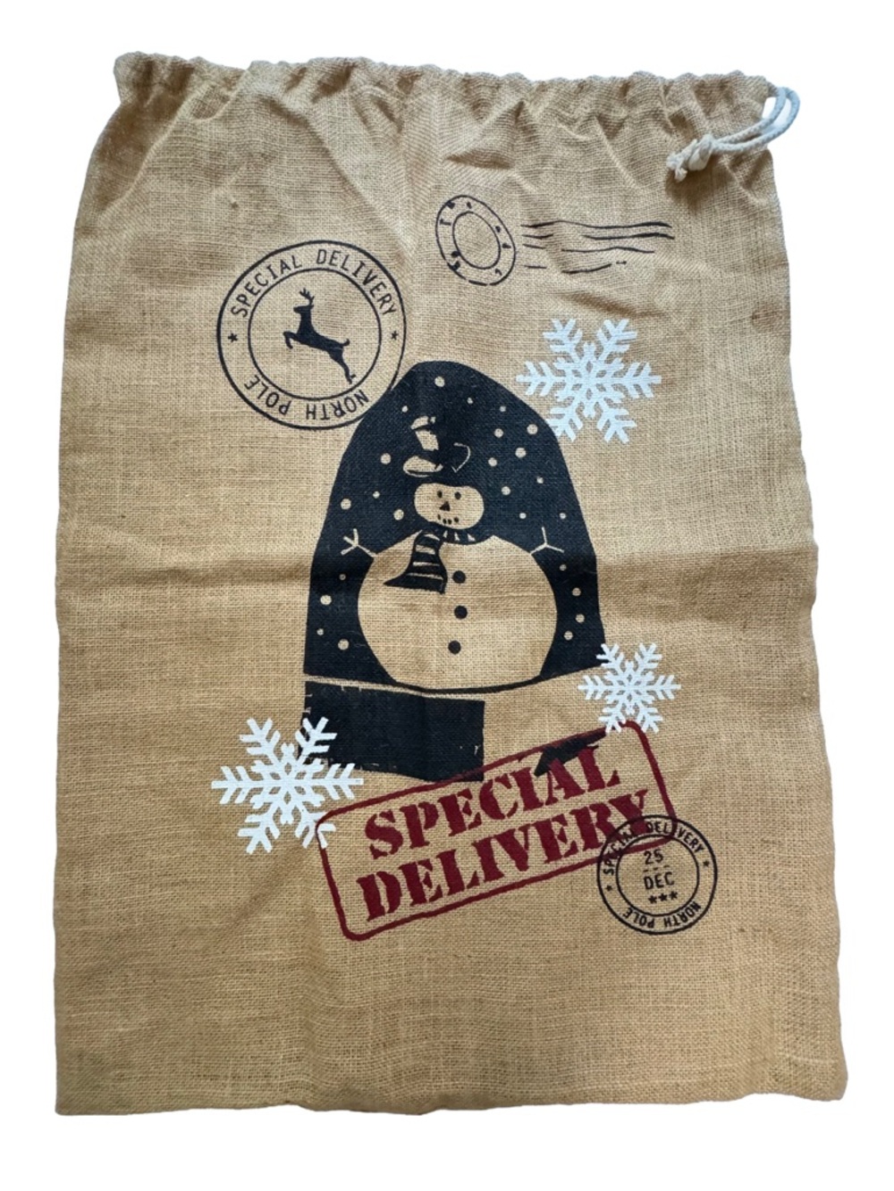 Rustic Burlap Christmas Santa Sack Snowman Special Delivery Drawstring Gift Bag